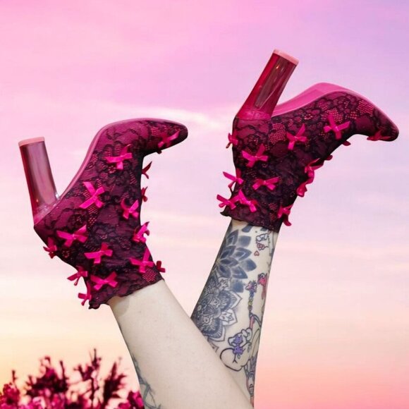 Sugar Thrillz Lace Booties | Pink Stretch Transparent Heel Bow Accent 7 - Picture 7 of 14